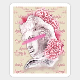 Apollo head statue with a pink peony flowers and buds on a black background. Magnet